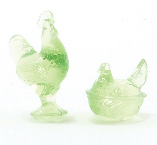 Dollhouse Miniature Rooster/Hen Candy Dishes, Green